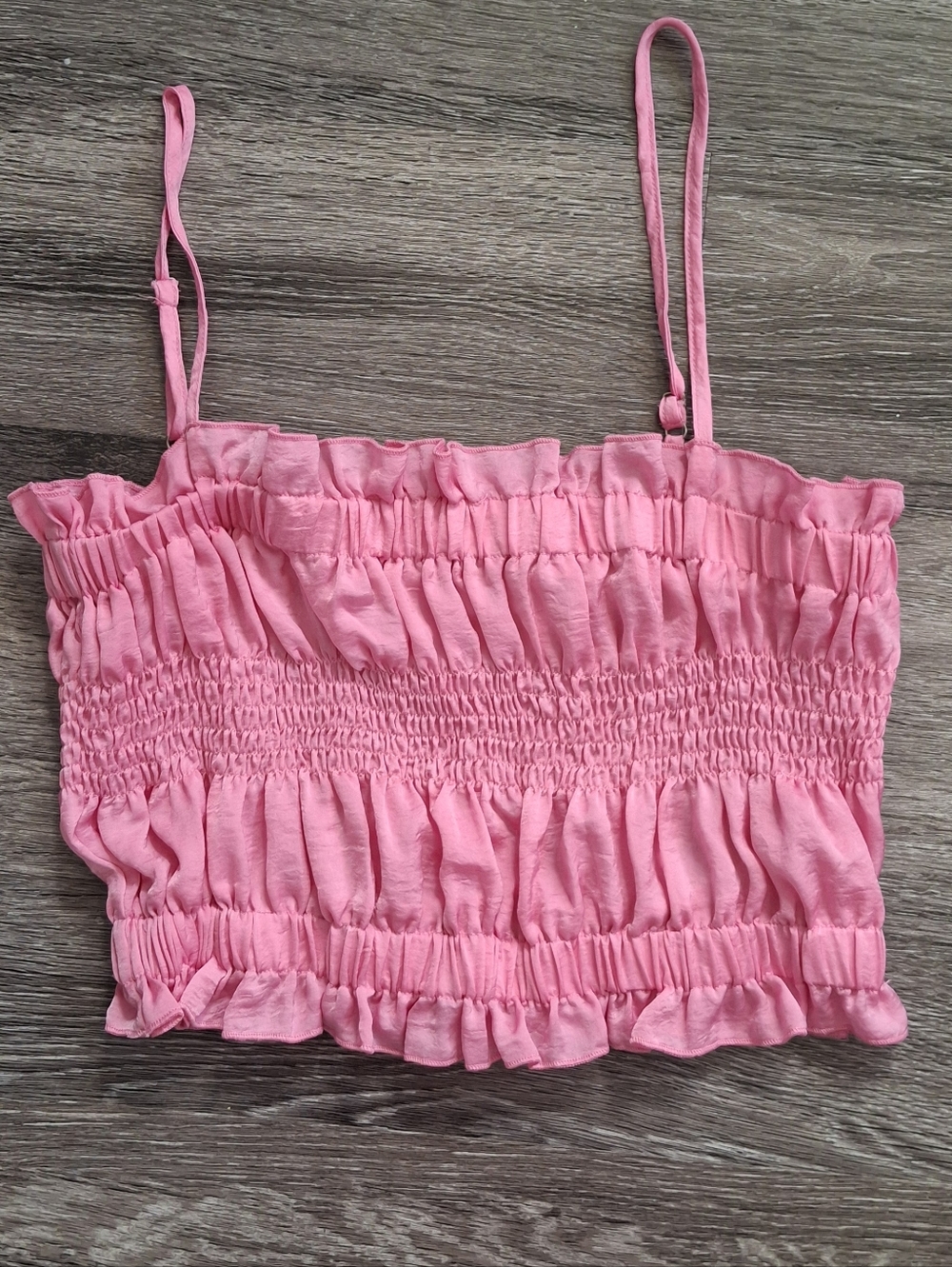 Glam Tube Top Pink Smocked with Ruffle Edge Size L Adj Straps  Eleastic Half Top